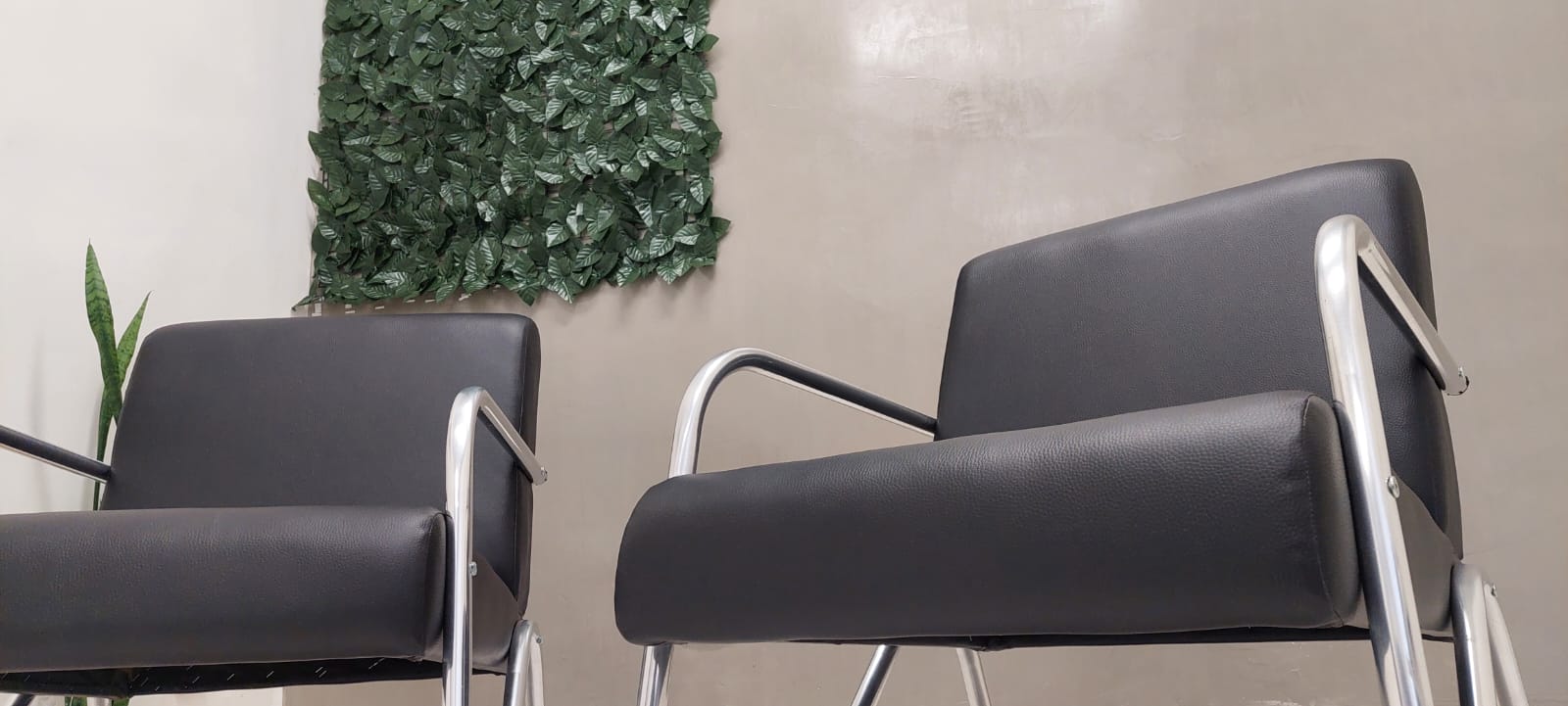 Foto da sala de espera da Invictta, com nosso muro verde